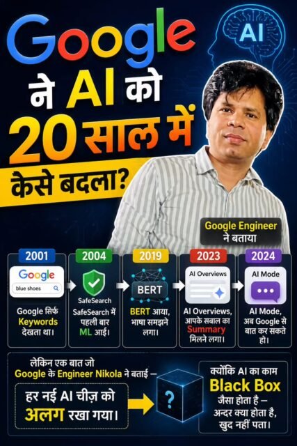 @namaste.click 

Google ने AI को 20 साल में कैसे बदला? | Search से Smart AI तक पूरी Journey #reels #googleai #seo

Google ने AI को 20 साल में कैसे बदला?

क्या आप जानते हैं —
Google आज जो AI Overviews और AI Mode दिखा रहा है, उसकी शुरुआत आज से लगभग 20 साल पहले हो चुकी थी? 😮

इस वीडियो में जानिए:
✅ 2001 में Google कैसे काम करता था
✅ SafeSearch में पहली बार ML कैसे आई
✅ BERT ने Search को कैसे बदल दिया
✅ AI Overviews और AI Mode क्या हैं
✅ Google AI को धीरे-धीरे क्यों जोड़ता गया
✅ “Black Box AI” का असली मतलब क्या है

और सबसे जरूरी —
SEO और Content Creators के लिए इसका सबसे बड़ा सबक क्या है! 🔥

अगर आप SEO, Digital Marketing, AI, YouTube या Google Search को समझना चाहते हैं — ये वीडियो आपके लिए है।

👇 Comment करके बताइए:
क्या AI आने के बाद SEO खत्म हो जाएगा? 🤔

👍 Like | Share | Subscribe

💡 Why Join This Course?
✔ 100% Practical — Work on a LIVE Project
✔ Learn from Industry Experts
✔ Get Hands-On Experience
✔ Perfect for Beginners & Professionals Both

⚠️ Seats are Limited — Enroll Today!

📞 Call / WhatsApp: +91 9211649311
🌐 Website: https://namasteclick.com
📧 Email: namasteclickdm@gmail.com

We look forward to seeing you in the course!

Warm Regards,
Jitendra Kumar
Founder, NamasteClick
📞 +91 9211649311
🌐 namasteclick.com
Youtube: https://www.youtube.com/@namasteclick

#GoogleAI #SEO #AIMode #AIOverviews #BERT #DigitalMarketing #GoogleSearch #AI #HindiTech #SEOHindi #सोचऔरसंस्कृति #ArtificialIntelligence