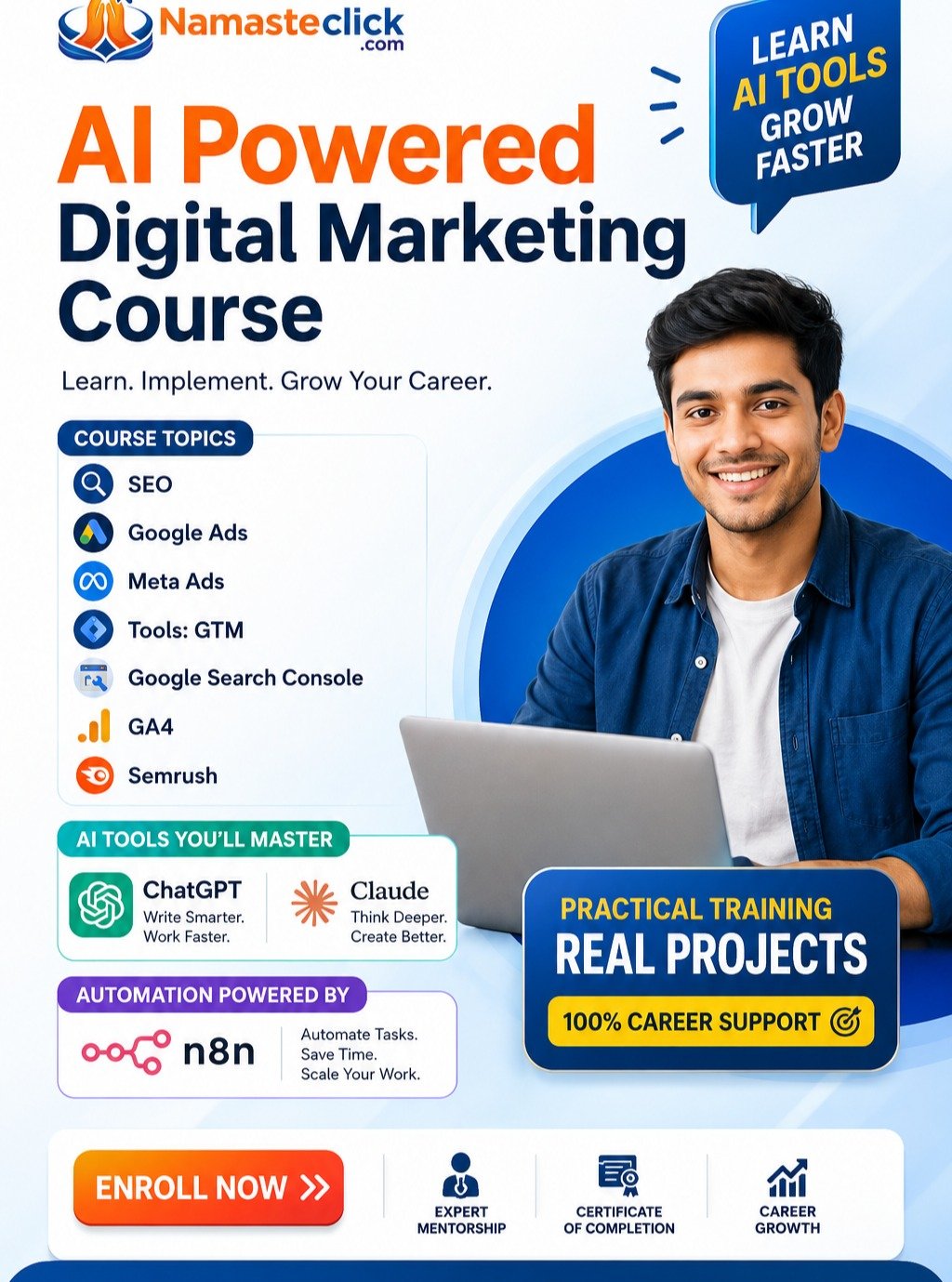 Digital Marketing Course in Delhi 

Struggling to keep up with the fast-changing world of digital marketing?

It's time to stop guessing and start growing — with AI on your side.

Introducing the AI Powered Digital Marketing Course by NamasteClick — designed for the next generation of marketers who want to work smarter, not harder.

✅ Master SEO, Google Ads & Meta Ads
✅ Learn ChatGPT, Claude & n8n Automation
✅ Work on Live Projects & Real Case Studies
✅ Get an Industry Certificate + Placement Support

Whether you're a student, job seeker, or business owner — this course gives you the tools the industry is already using.

🎓 100% Practical | Live Classes | Expert Mentors
👉 Enroll Now → www.namasteclick.com
📞 Call us: +91 92116 49311

#digitalmarketing #digitalcourse #googleads #sẹo
